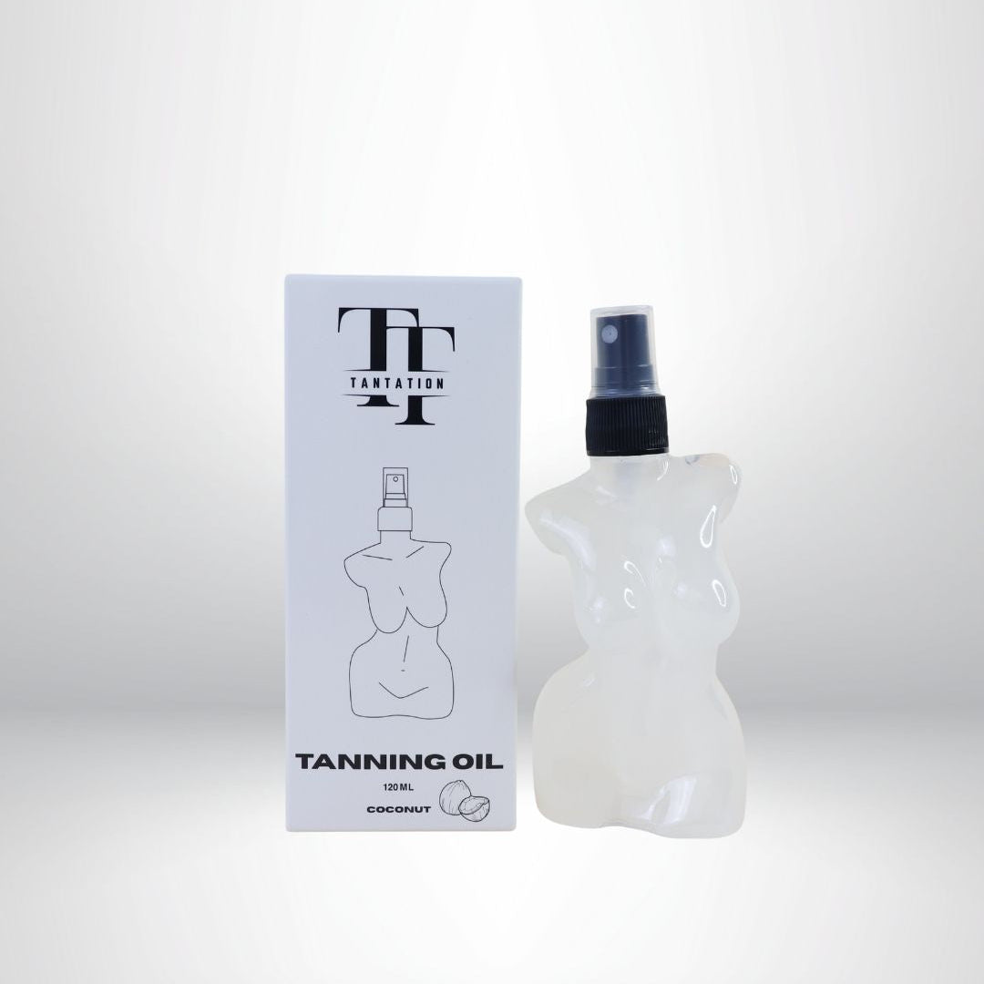 Tanning oil bottle and packaging on a white background